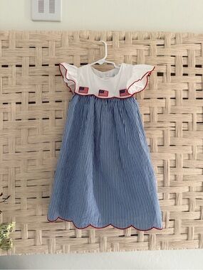 Classical Whimsy Girls Blue Pinstripe Patriotic Ruffle Dress